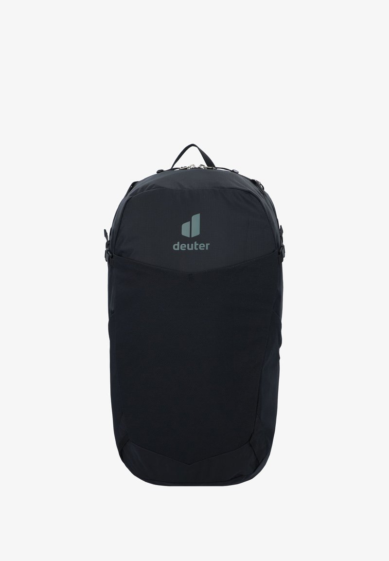 Rucsac negru cu o formă rotunjită, fabricat din nailon neted. Are un logo proeminent și o mână de prindere în partea de sus pentru transport.