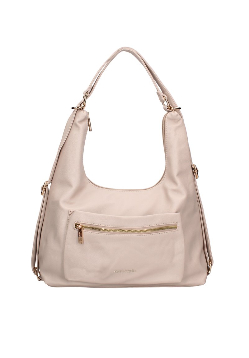 Borsa a tracolla in finta pelle beige con forma curvata. Presenta una tasca con zip color oro sul davanti e una larga tracolla.