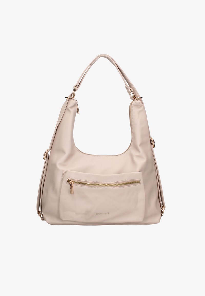 Borsa a tracolla in finta pelle beige con forma curvata. Presenta una tasca con zip color oro sul davanti e una larga tracolla.