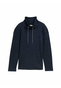 Marineblauer Pullover mit hohem, umgeschlagenem Kragen und Kordelzug. Lange Ärmel, strukturierter Stoff, lässige Passform und minimalistisches Design.