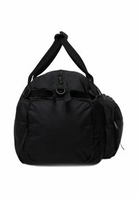 Borsa da viaggio nera con diversi scomparti con zip, tracolla regolabile e motivo in tessuto texture.