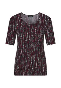 Kurzem Ärmeloberteil in einem gemischten Farbmuster aus Rot, Grau und Schwarz. Mit einem runden Ausschnitt und einem normalen Schnittdesign. Weicher Stoff.