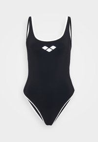 Maillot de bain une pièce noir avec des accents blancs, présentant un décolleté en scoop, des fines bretelles et un logo au centre. Tissu lisse et extensible.