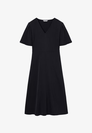 Zwarte knie-lange jurk met V-hals en korte, wijd uitlopende mouwen, getailleerde taille en licht uitlopende rok.