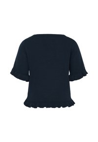 Haut en maille noir à manches courtes avec ourlet froncé et bordures de manches, vu de dos sur fond blanc.