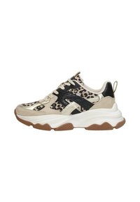 Sneakers with a beige and black leopard print design, featuring textured panels, a white chunky sole, and a brown rubber outsole.