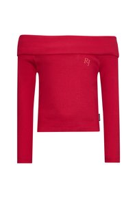 Top lungo a maniche lunghe rosso, a righe, con scollatura asimmetrica e design aderente, caratterizzato da un discreto logo "RJ" ricamato sul davanti.