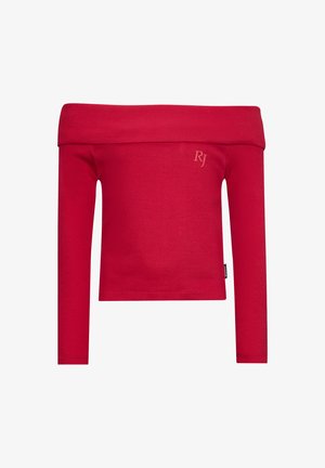 Rode, geribbelde off-the-shoulder lange mouwtop met een getailleerd ontwerp en subtiele "RJ" logo geborduurd op de voorkant.
