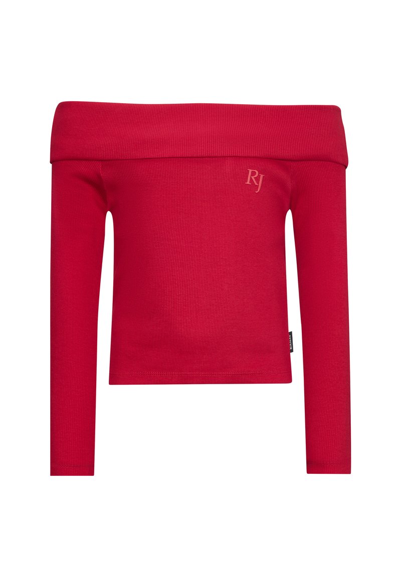 Top lungo a maniche lunghe rosso, a righe, con scollatura asimmetrica e design aderente, caratterizzato da un discreto logo "RJ" ricamato sul davanti.