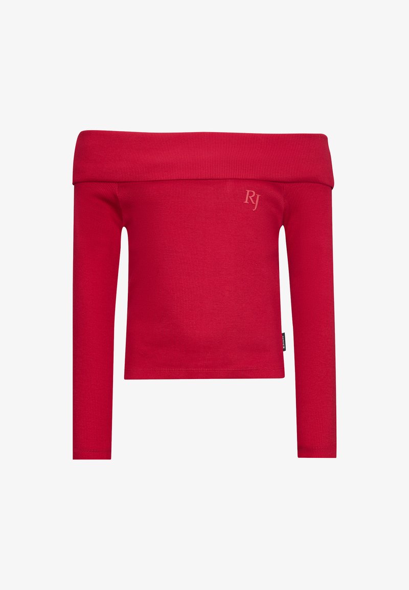 Top lungo a maniche lunghe rosso, a righe, con scollatura asimmetrica e design aderente, caratterizzato da un discreto logo "RJ" ricamato sul davanti.