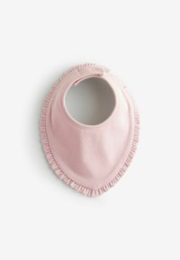 Pink cotton bib with a triangular shape, featuring a ruffled edge and a snap closure at the top for easy fastening.
