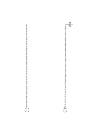 Silver chain earrings featuring a long design with circular embellishments at the ends, highlighting a sleek and minimalistic style.