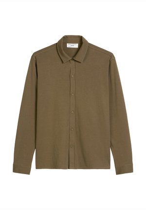 Košile s dlouhým rukávem a knoflíkovým zapínáním v olivově zelené barvě, vyrobená z měkkého materiálu. Má klasický límec a přímý střih s manžetami.