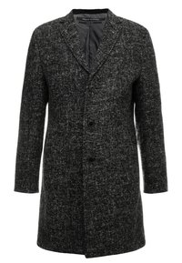 Manteau en tweed noir et gris avec un col en pointes, fermeture à un boutonnage, cinq boutons et manches longues. Tissu texturé au design classique.