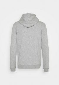 Sudadera gris con capucha y mangas largas, hecha de tela suave, con un corte holgado y puños y dobladillo de canalé. Sin logotipos ni patrones visibles.