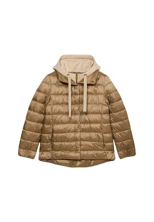 Puffer jacket in light brown with a beige hood, featuring horizontal quilted design, drawstring closure, and a front zipper.