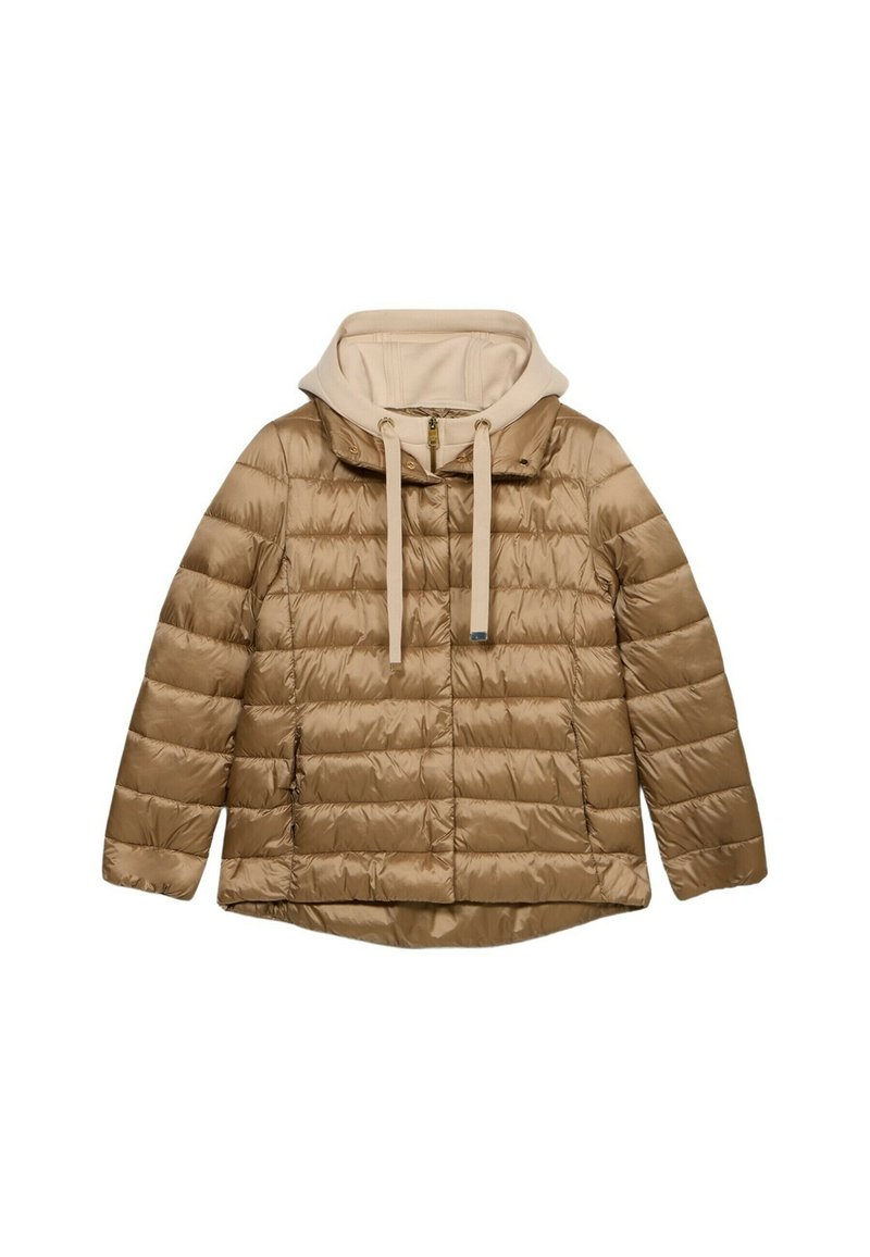Puffer jacket in light brown with a beige hood, featuring horizontal quilted design, drawstring closure, and a front zipper.