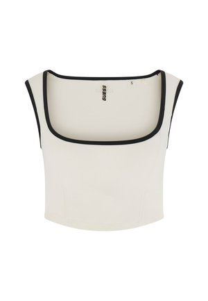 Biały krótki top na ramiączkach z czarną lamówką wzdłuż kwadratowego dekoltu i otworów na ramiona, oznaczony jako rozmiar mały przez markę Guess.