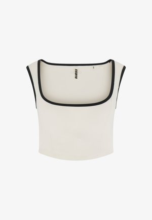 Biały krótki top na ramiączkach z czarną lamówką wzdłuż kwadratowego dekoltu i otworów na ramiona, oznaczony jako rozmiar mały przez markę Guess.