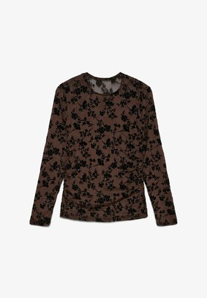 Maglietta a maniche lunghe marrone con motivo floreale nero, caratterizzata da un design arricciato sul lato e un colletto rotondo in un tessuto testurizzato.
