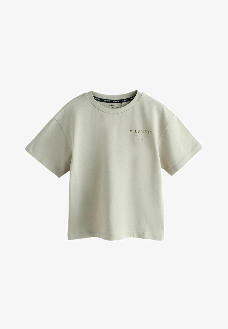 Gaiši pelēka īsroku kokvilnas T-krekls ar apaļu apkakli un mazu "ALLSAINTS" logotipu kreisajā krūtīs.