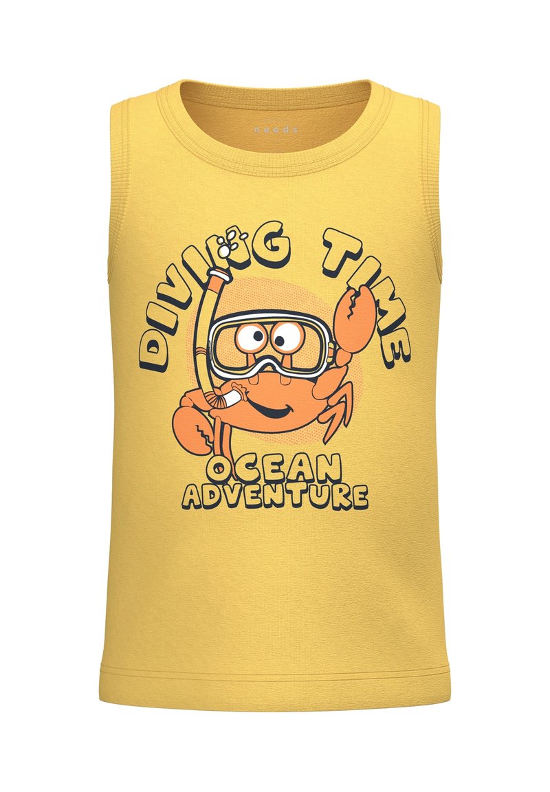 Camiseta amarilla sin mangas para niños con un dibujo animado de un cangrejo con gafas y esnórquel, y el texto "Hora de bucear Aventura en el océano" en negro.