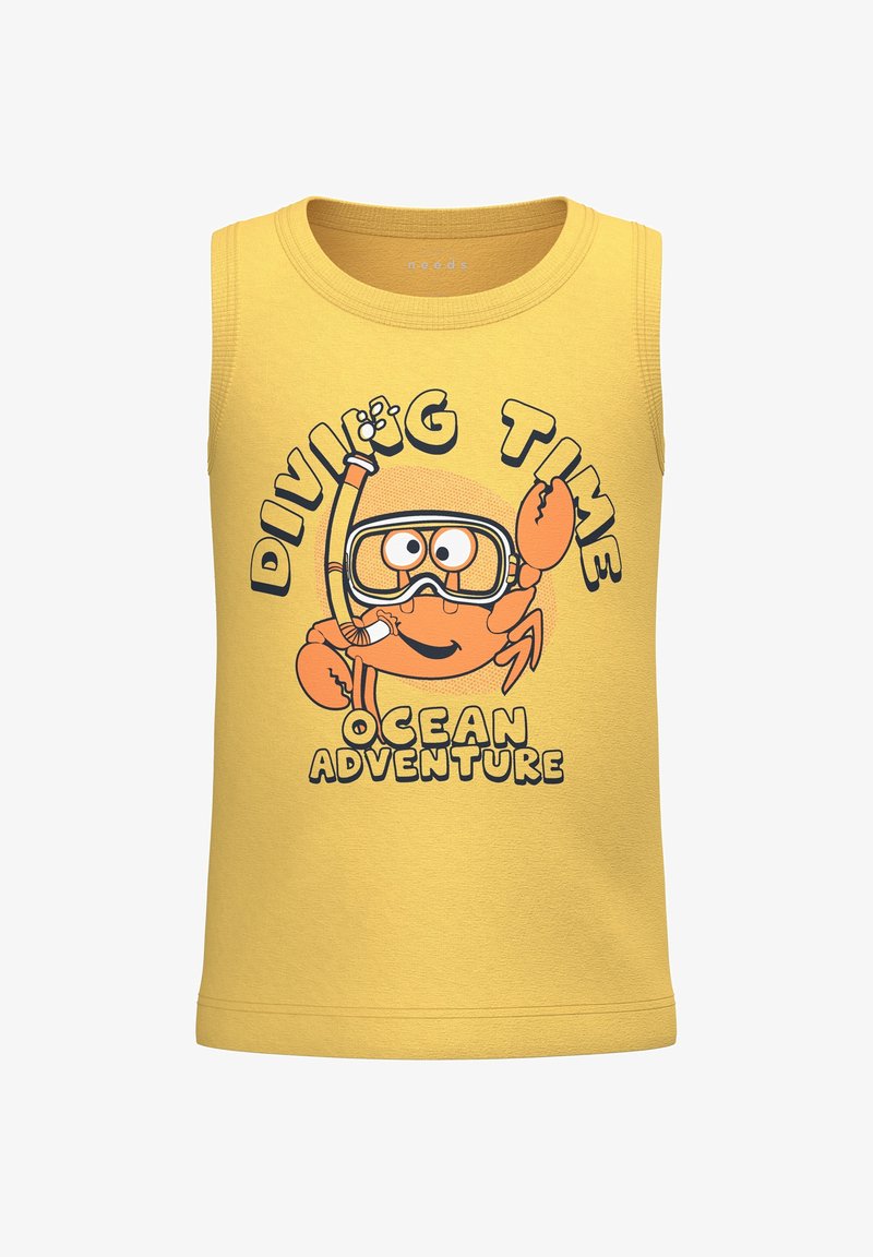 Camiseta amarilla sin mangas para niños con un dibujo animado de un cangrejo con gafas y esnórquel, y el texto "Hora de bucear Aventura en el océano" en negro.