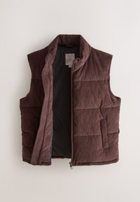 Sleeveless brown corduroy padded vest with front zipper and two side pockets, displayed flat with zipper partially open.