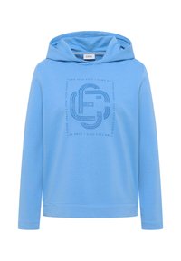 Lichtblauwe hooded sweatshirt van zachte stof met een getextureerde afbeelding in donkerblauw op de voorkant, met geribde manchetten en zoom.
