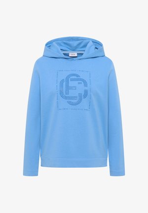 Vaaleansininen hupullinen collegepaita, joka on valmistettu pehmeästä kankaasta. Paidassa on tummansininen, kohokuvioitu graafinen kuva edessä sekä resorit hihansuissa ja helmassa.