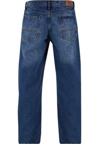 Donkerblauwe denim jeans met een vervaagde afwerking. Kenmerkt zich door een rechte pootontwerp, twee grote achterzakken en een structuurgedeelte.