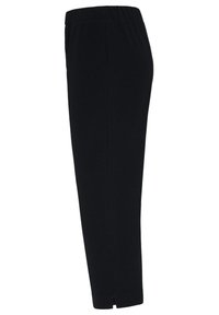 Zwarte, broek met elastische tailleband, rechte snit en kleine zijsplitjes aan de onderkant, gemaakt van een zachte, gestructureerde stof.