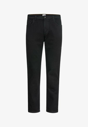 Schwarze Jeans aus Denim mit geradem Schnitt, ausgestattet mit einem Knopf- und Reißverschluss, fünf Taschen und minimalen Nähten.