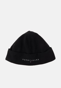Mustapohjainen fleece-pipo, jossa käännetty resori. Varustettu valkoisella brodeeratulla "TOMMY JEANS" -logolla. Pehmeä tekstuuri, pyöreä kruunumuoto.