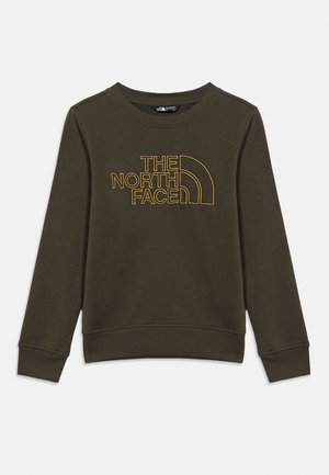 Ciemnozielona bluza z długim rękawem z prążkowanymi mankietami i ściągaczem, z żółtym logo "THE NORTH FACE" wyhaftowanym na piersi.