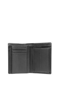 Portefeuille en cuir noir avec une finition texturée, comportant plusieurs emplacements pour cartes et des compartiments ouverts pour les billets, présenté en position ouverte.