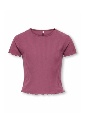 Prążkowany krótki crop top w kolorze przydymionego różu z falowanymi krawędziami na rękawach i dole na białym tle.