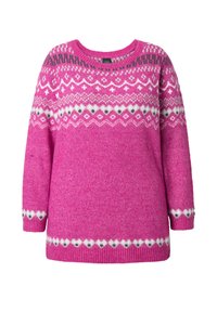 Różowy sweter z dzianiny z białymi, szarymi i ciemnoróżowymi pasami wzorzystymi na klatce piersiowej, mankietach i dole, z geometrycznymi i kwiatowymi motywami.