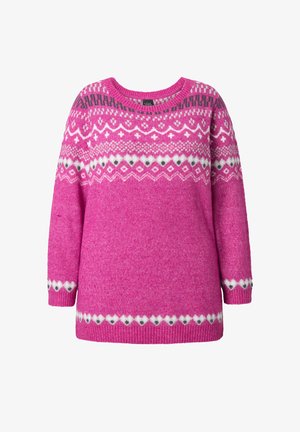 Růžový pletený svetr s bílými, šedými a tmavě růžovými vzorovanými pruhy přes hrudník, manžety a lem, zdobený geometrickými a květinovými motivy.