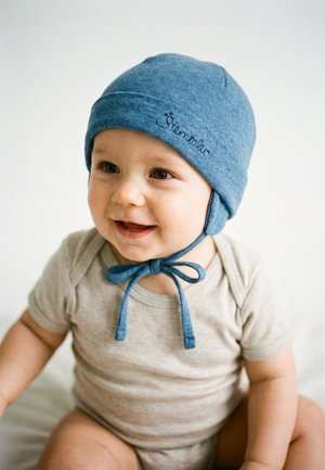 Smiling baby wearing a blue knit hat with ties and a light beige short-sleeve onesie, sitting against a plain, light background.