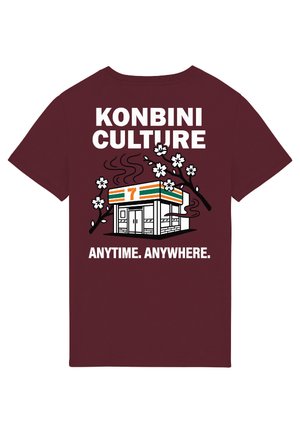 Maroon t-shirt with white text "Konbini Culture" and "Anytime. Anywhere." featuring a convenience store and cherry blossom branches.