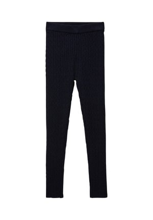 Leggings texturés en maille torsadée bleu marine avec taille élastique, coupe droite, posés à plat sur fond blanc.