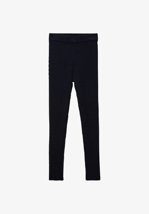 Leggings texturés en maille torsadée bleu marine avec taille élastique, coupe droite, posés à plat sur fond blanc.