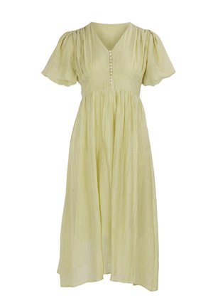 Robe midi jaune pâle à manches courtes, col en V, manches bouffantes, corsage froncé, boutons centraux et jupe fluide plissée.