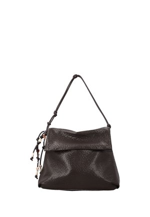 Dark brown textured leather shoulder bag with a knotted strap and decorative beads on side tassels, fold-over top closure.