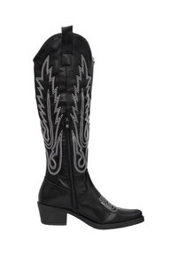 Bota de cowboy de cuero negro con intrincados bordados blancos, un zipper lateral y un tacón bajo. Presenta un diseño alto y puntiagudo.