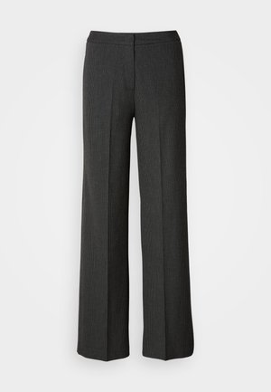 Pantaloni a gamba larga in grigio scuro, realizzati in tessuto testurizzato. Presentano una vita aderente e un delicato motivo a righe lunghe.