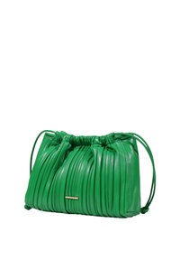 Borsa in pelle verde con texture arricciata, chiusura con cordoncino e un accento dorato. Forma compatta e strutturata con design morbido e plissettato.
