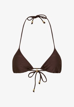 Top bikini a triangolo marrone in tessuto lucido, con lacci regolabili impreziositi da perline dorate e un motivo decorativo a forma di sole al centro.