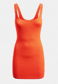 Robe sans manches orange côtelée avec une silhouette ajustée. Caractérisée par de larges bretelles et un ourlet droit. Finition en tissu texturé.
